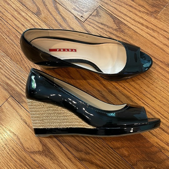 Prada Wedge Sandals in Black Patent 39 - Picture 2 of 9